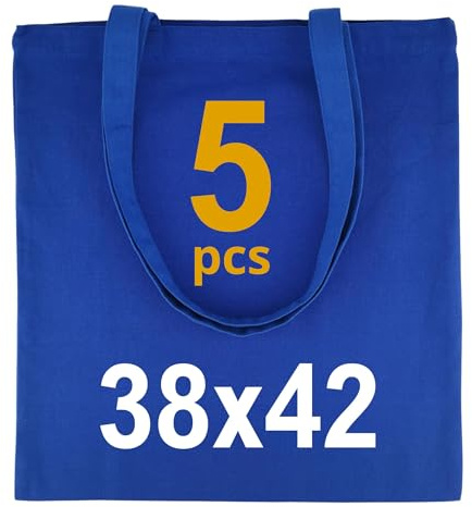 IDEA HOME-5 stycken bomullspåsar 38 x 42 cm – 220 g – jutepåse stor – tygpåse utan tryck, personlig anpassning möjlig – brodering eller målning – tygväska med två långa handtag – blå