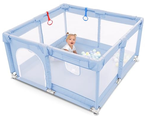 Kidoola Baby Playpen with Padded Frame & Breathable Mesh Walls, Balls & Pull Rings Included, for Indoor & Outdoor Use, Toddler Fence, Extra Large Play Yard for Babies (127x127x65cm) (Blue)