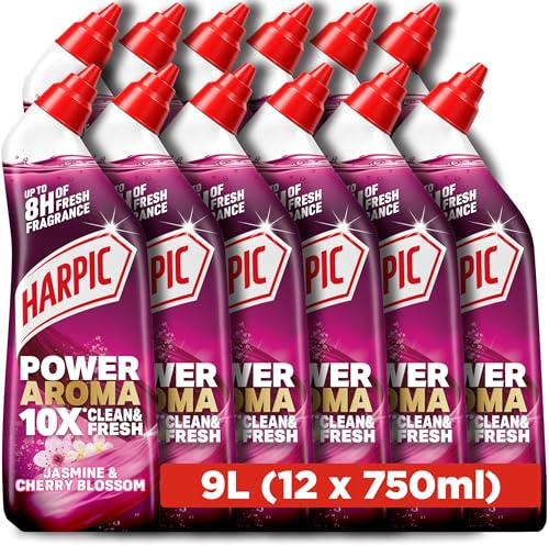 Harpic Power Aroma 10X toilet cleaning gel, Jasmine & Cherry Blossom fragrance, 750ml (12 x 750ml, total 9.0L), 8 hours of fresh fragrance, kills 99.9% of bacteria