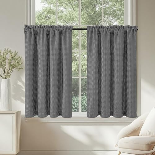TOPICK Köksgardiner med kort lucka gardin, grått våffelmönster, 90 L x 45 cm, 2 paneler, med stång, för sovrum, litet fönster, garderob, nederdel