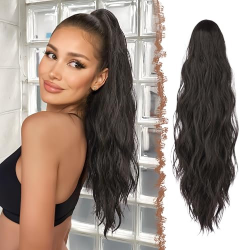 FESHFEN Coda Capelli Extension Pinza - Lunga Ondulato Coda Finta Capelli Nero Naturale Riccia Coda di Cavallo Estension Sintetici Posticcio Ponytail per Donne, 63 cm