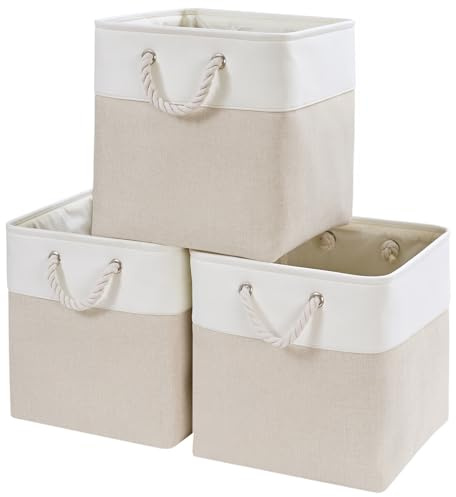 Mangata Cubo portaoggetti in tessuto, 33 x 38 x 33 cm, per vestiti, scaffali, compatibile con Kallax(beige chiaro/bianco, 3 confezioni)