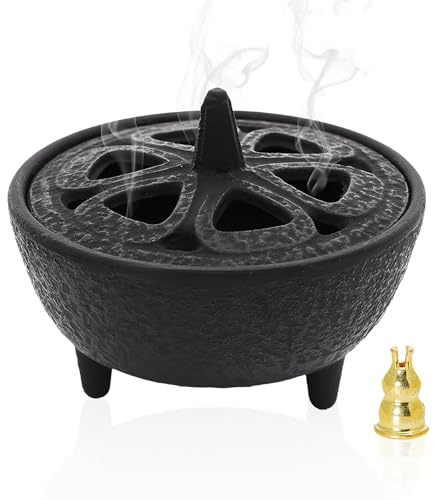Incense Burner Lotus Flower Bakhoor Burner with Lid Cast Iron Aromatherapy Disc Incense Holder Wax Melts Warmer for Charcoal, Resin, Office, Yoga, Living Room Decoration, Oriental Zen Mindfulness