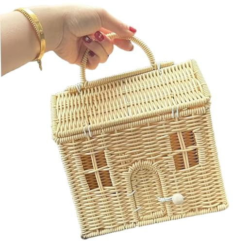 Garden Harvest Basket, 8x5x10 Inch House Shaped Rattan Picnic Basket with Lid & Handle, Button Closure Wicker Suitcase for Organizing, Storage