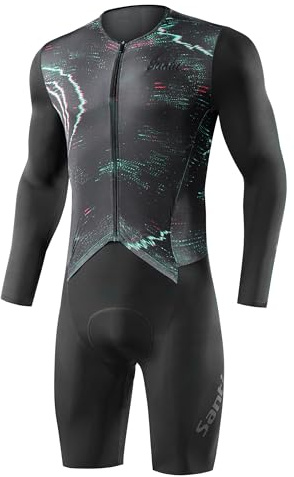 Santic Triathlondräkt för män långärmad triathlon kostym vadderad triathlon kort hög elasticitet bantning cykel skinsuit, svart, S