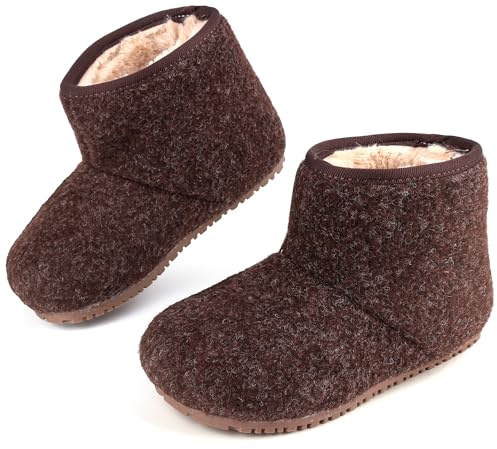 Dresofu Chaussons pour tout-petits Enfants Dessus en feutre chaud Bottines d'hiver pour garçons et filles Semelle en caoutchouc Doublure en peluche Pointe large Marron 20 EU