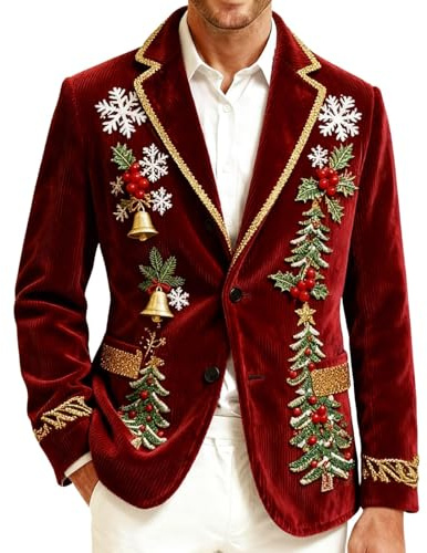 Blazer Hombre Navidad Impreso Chaqueta de Manga Larga Xmas Pana Traje Blazers Slim Fit Abrigo de Navidad con Botones Ocio con Bolsillos Cárdigan de Navidad Cálido para Fiesta
