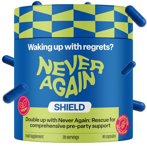 NEVER AGAIN | Shield | After Party Recovery Formula | NAC Supplement & Electrolytes | Perfect for Social Lifestyles | Pre-Sleep Liver Detox Complex w/Milk Thistle, Vitamin B1 & C | 40 Vegan Capsules