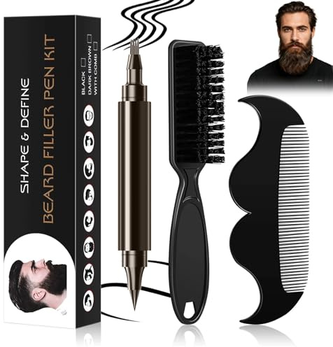 Beard Pencil Filler for Men, Beard Pen with Beard Brush & Comb, Pencil Dual-Head Beards Filler with 4-Fork-Tip, Long Lasting Waterproof Grooming Kit Gifts for Men - Define Your Beards (Dark Brown)
