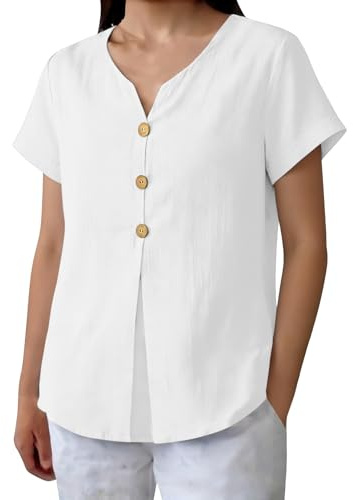 Maglietta Donna Maniche Corte, Camicia Lino Donna Manica Corta Estiva Camicie - Cotone Blusa Maglietta Elegante Scollo a V Curvy Camicetta con Bottoni Top da Lavoro Casual Vacanze Spiaggia Bianco S