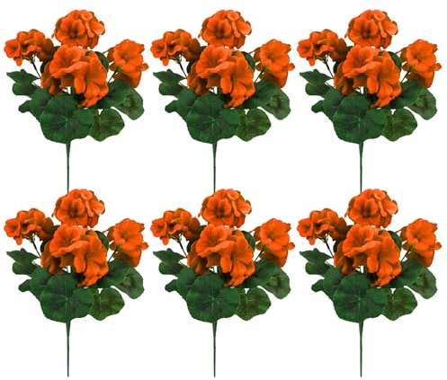 Odoukey Falska pelargon 6 st 35 cm konstgjorda pelargon livliga orangea blommor med stjälkar och löv falsk pelargon växter för hem, trädgård, gård, uteplats