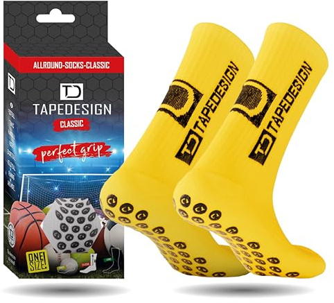 TAPEDESIGN – “Classic” 1 Paire Chaussette antidérapante foot Homme Femme Enfant Jaune (37-48), idéales pour le Football, Rugby, Tennis et Basketball, Chaussettes anti ampoule