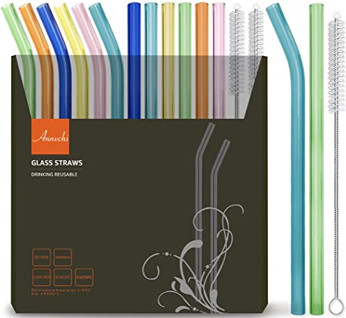 Annvchi Bunt Glasstrohhalme Wiederverwendbar 14 Stück - 6 Gerade Glas Strohhalme + 6 Gebogene Strohhalme Glas 21,5 cm + 2 Reinigungsbürsten, Geeignet für Bubble Tea, Slush, Cocktail, Säfte