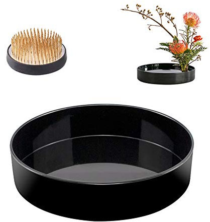 WANDIC Blumenarrangement-Zubehör, runde Blumenfrosch & Schwarze Kunststoff-Suiban-Vase, Topf für Ikebana, Blumenarrangement, Kunst, Heimbüro, Dekoration