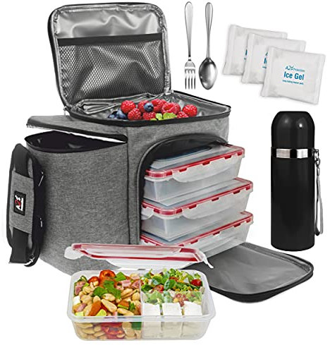 A2S Complete Meal Prep Lunch Box - 8 Pcs Set: Cooler Bag 3x Portion Control Bento Lunch Containers Leakproof 3 Compartments Microwavable BPA Free - Fork & Spoon - Thermos - 3x Ice Gel (Gray 8 Pcs Set)