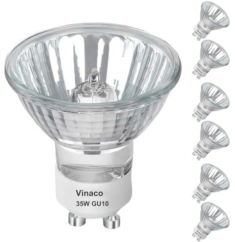 Vinaco GU10 Halogen Leuchtmittel, 6er-Pack Gluhbirn GU10 35W Lange Lebensdauer, GU 10+C 230V 35W Dimmbar Warmweiß 2800K, Hoher Output Leuchtmittel GU 10 Halogen 35 W für Schienenlicht, Einbauleuchte