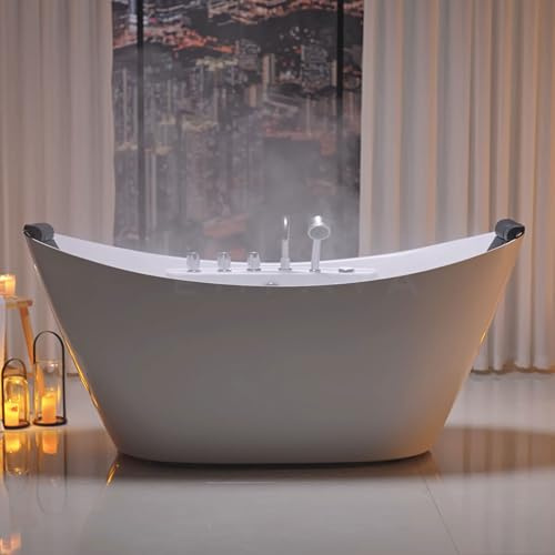 Empava 67 Freestanding Whirlpool Bathtub Oval with 8 Hydromassage Adjustable Water Jets Luxury Acrylic Massage SPA Soaking Bath Tub in White Double Ended