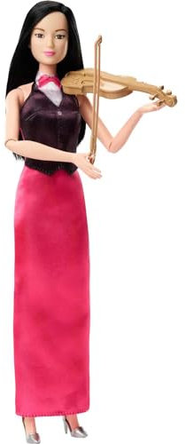 Barbie Karriere Geigerin - Puppe mit beweglichen Schultern und Ellbogen, Elegantes Kleid mit Smoking-Weste und Silberne Schuhe, inklusive Geige und Bogen, für aufstrebende Musiker ab 3 Jahren, HKT68