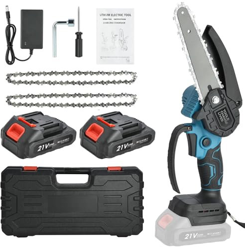 NUZEKY Mini Chainsaw Cordless 6-inch: Handheld Electric Chainsaw with 2×2.0AH Batteries - Portable Battery Small Chainsaw for Garden Courtyard Cutting - Mini Chainsaws with Security Lock (T71439_UK)