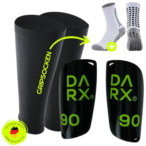 DARX® - Innovatives Schienbeinschoner Set - Leichter Schienbeinschoner I Spezial Schonerhalter I Gripsocken - Perfekter Halt ohne Tape oder Klett für Kinder - Jugendliche - Erwachsene - M/Neongrün
