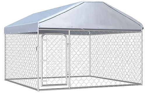 vidaXL Large Outdoor Dog Kennel with Protective Roof and Secure Hinged Door, Galvanised Steel Construction, Silver Color
