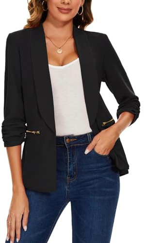 Womens Open Front Blazer Jacket 3/4 Ruched Sleeve Casual Cardigan Outerwear | Womens Open Front Blazer Suit Jacket 3/4 Ruched Sleeve Blazers Casual Cardigan Outerwear with Zipper Pockets