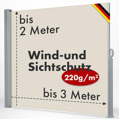 KARAT Toldo lateral de aluminio – Toldo extensible en color beige – 160 x 300 cm – opaca privacidad y protección contra el viento para jardín, balcón y terraza, estor lateral con soporte de pared