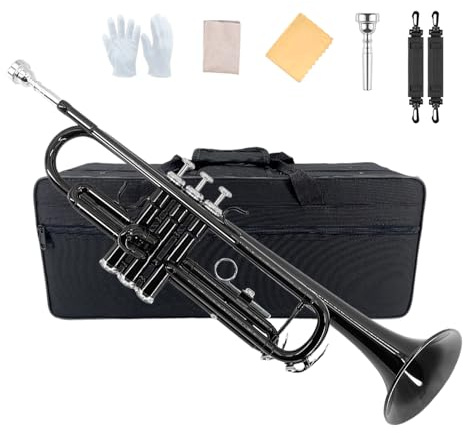 Yinfente Bb Standard Trumpet Set for Beginner or Advance Student, Brass Student Trumpet Instrument With Hard Case, 7C Mouthpiece, Cleaning Kit,White Gloves Black