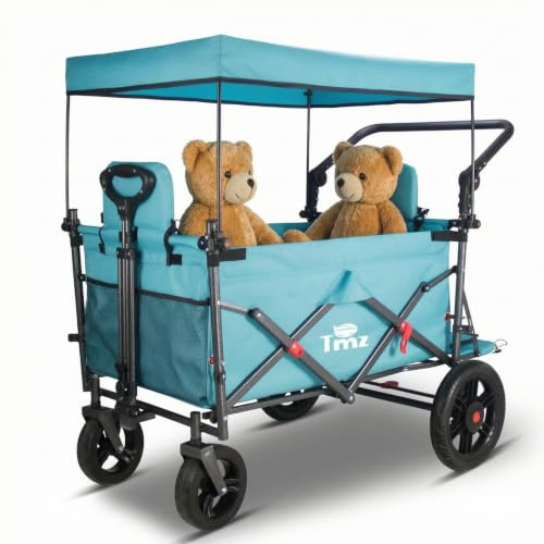 TMZ rullvagn, vikbar med tak, handvagn med 2-sitsiga och säkerhetsremmar, transportvagn med dra och glida, fotbromskapacitet 120 kg (himmelsblå)