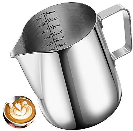 Xfanscafe Milk Frothing Pitcher 20oz/600ml, Stainless Steel Milk Jug for Making Latte Art and Coffee Cappuccino,Latte Art Barista Steaming Pitcher Milk Frother Jug with Scale