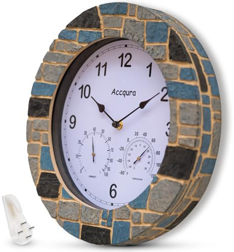 Accqura Outdoor Gartenuhr Wanduhren im Freien Echter Kunststein mit wasserdichtem Innendekor mit Thermometer und Hygrometer für Veranda Terrassenzaun Hinterhof Pool Badezimmer Küche 33 Zentimeter