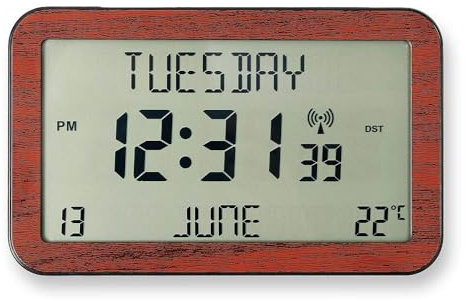 Coopers of Stortford - Giant Radio-Controlled Digital Clock - Extra-Large LCD Display with Day, Date, Temperature and Two Alarms - Wood-Effect Frame, Freestanding or Wall Mount