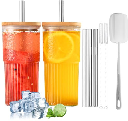 BBWELL Vaso de Cerveza con Tapa y Pajita,2 Unidades Bubble Tea Taza,600ml,Vaso de Vidrio Reutilizable,vasos acanalados, vasos de agua, vasos largos,vasos de café helado, taza de té de burbujas