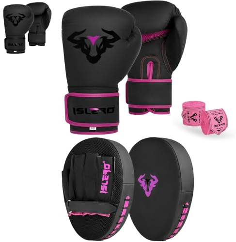 Islero Ensemble de gants et coussinets de boxe avec crochet et jab - Bouclier de frappe pour entraînement MMA, arts martiaux, Muay Thai, kickboxing, karaté, homme et femme (rose, 340 g)