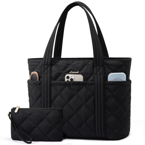 LOVEVOOK Laptop Tote Bags for Women, Lightweight Puffer Handbag for School, Large Work Handbags Ladies Tote Bag with Zip, Quilted Shoulder Bag for College Shopping Work Travel Gym Beach