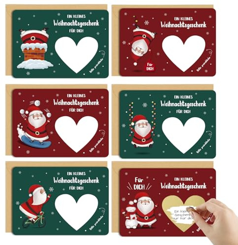 BETESSIN Weihnachtskarten mit Umschlag Set - Ein Kleines Weihnachts- Geschenk - 6 Stück Rubbelkarten mit Rubbelaufklebern - Weihnachts- Gutscheine zum selber ausfüllen - Gutschein Karte Weihnachten