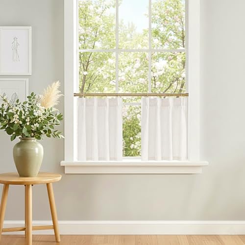 NICETOWN Pinch Pleated Linen Kitchen Curtains 24 Inches Long, 2 Panels Set Natural Farmhouse Light Filtering Short Curtains for Cafe Bar Living Room Bedroom Window, 26 W x 24 L
