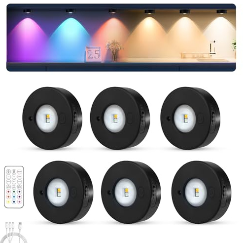 MERTTURM Recargable LED Armario Luz con Control Remoto, Regulables Mini LED Vitrina, 3 Temperaturas de Color, 9 RGB Iluminación de Armarios [6 Pieza]