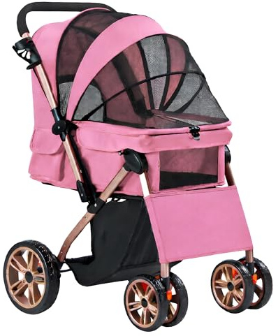 Foldable Pet Stroller, Cat Dog Buggy for Small Medium Dogs with Storage Basket Cup Holder, Mesh Windows 360° Rotating EVA Wheels with Brakes Dog Pushchair Folding Pram for Cats and Puppies (Pink)