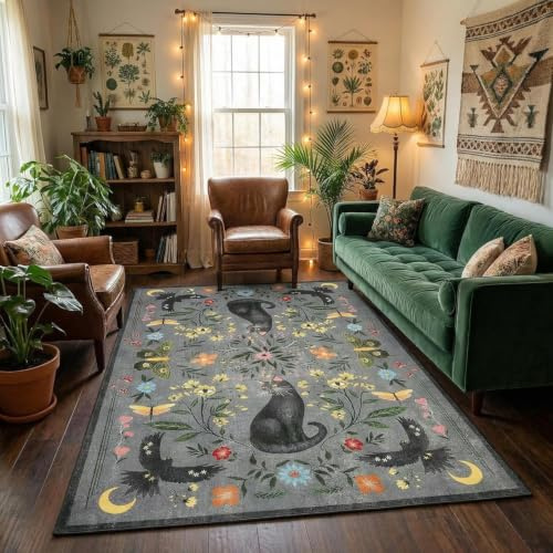 FairyStyle 160x230 cm Washable Cat Area Rug Grey Low Pile for Living Room | Gothic Decor,Non Slip, Backing Low Pile, Easy to Clean, Faux Wool Feel, Soft Underfoot , Non Fading, Bedroom