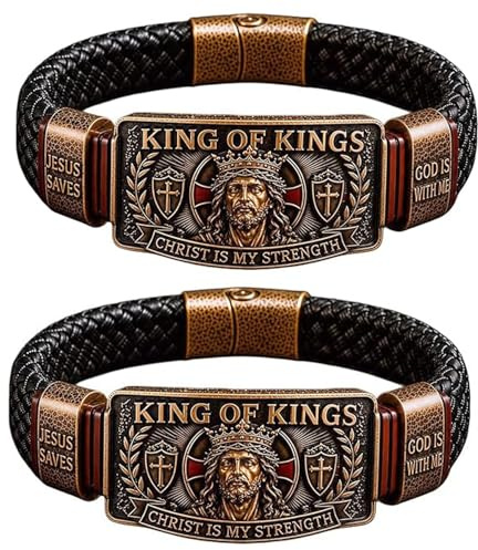 King of Kings Faith Bracelet - Adjustable Christian Wristband Gift, Christian Leather Bracelet with Jesus Christ Engraving, Christians Gift for Men Husband Dad (2PCs)
