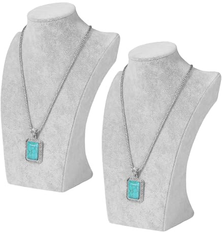 Flexzion sammet 3D-halsband smycken display byststativ [2-pack] – 3-dimensionellt fristående hängekedja kragar medaljong hållare förvaring organiseringsfigur, 24 cm (grå)