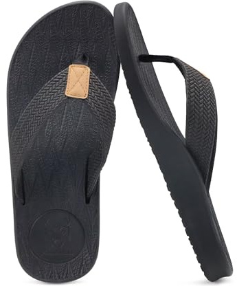KuaiLu Mens Flip Flops Arch Support Thong Sandals Leather Walking | Comfortable Cushion Waterproof Lightweight Yoga Foam Summer Beach Slip on Slippers