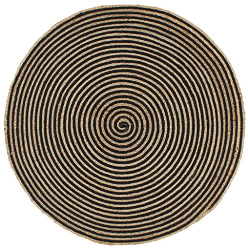 vidaXL Teppich Handgefertigt mit Spiralen-Design Wohnzimmerteppich Jute Teppich Kurzflor Handwebteppich Naturteppich Geflochten Schwarz 90 cm