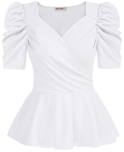 GRACE KARIN Womens Summer Tops Elegant Dressy 2026 Peplum Wrap Top V Neck Puff Short Sleeve Blouses Trendy Fashion Clothes White L