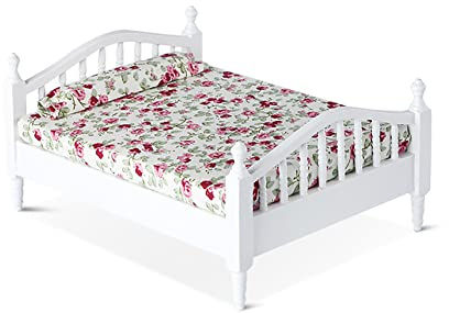 WANGCL Cama de muñecas 1/12 cama doble en miniatura de madera muebles de casa de muñecas - diseño floral