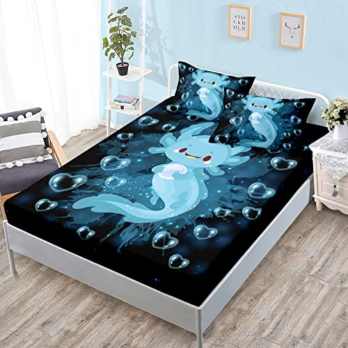 HOSIMA Axolotl Bedding Set Blue Axolotl Pattern Kawaii Fitted Sheet Set Twin Size for Kids Bedroom Decor,1 Fitted Sheet+2 Pillowcases.