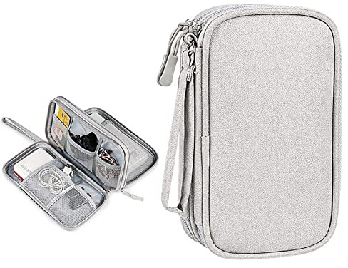ACONDE Organizador de bolsa electrónica, bolsa de cables, doble capa, universal, accesorios electrónicos, para teléfono móvil, cargador, banco de energía, gris, 21 × 12,5 × 6 cm, Maleta