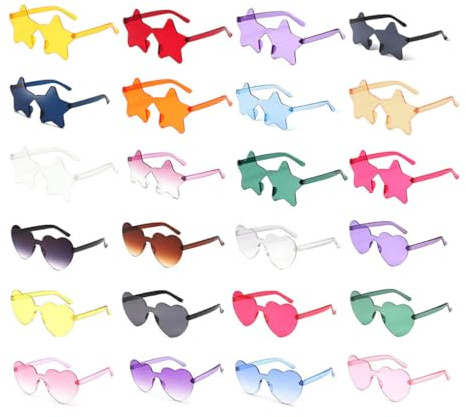 Kellegour 24 Pcs Gafas de Sol con Forma de Corazón,Gafas de Fiesta,Estrellas,Corazón Gafas de Sol Transparentes Color,para Cumpleaños,Aniversarios,Fiestas de Solteros,Hawái,Fiestas