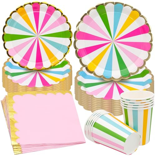 inheming 40 Pezzi Set di Stoviglie di Carta Colorate per Feste Usa e Getta,Stoviglie Arcobaleno Bambina, Inclusi Colorati Piatti e Bicchieri di Carta Tovaglioli (10 Ospiti)